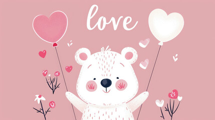 Illustration of a cute little bear with balloons on the holiday of Valentine's Day on a pink background