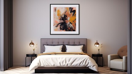 Guest room with a statement Mockup poster blank frame above a tufted headboard