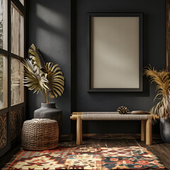 Dark interior with a wooden bench and fabric pillows with colorful ornament. Carpet and a home plant on the floor and an empty frame on a  wall. Mockup.