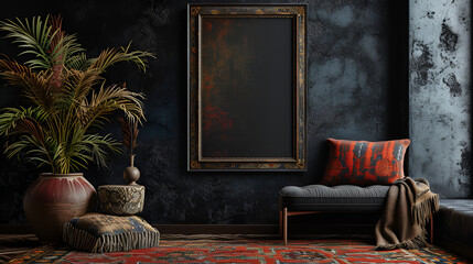 Dark boho interior with an armchair and pillows. Carpet and a huge home plant on the floor and an empty frame on a  wall. Mockup.