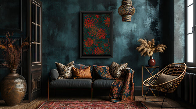 Dark boho interior with a sofa and a wicker armchair and pillows. Carpet and  on the floor and a picture in a frame on a  wall. Mockup.