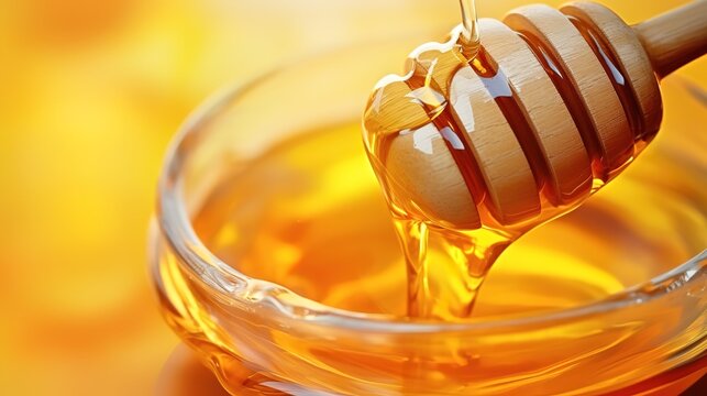 A glass bowl filled with clear golden orange honey with a sweet taste