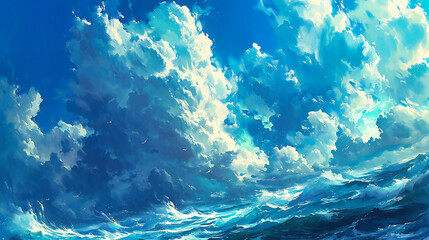 Artistic Seascape with Cloudy Sky and Ocean Waves, Abstract and Scenic Summer Beach Landscape