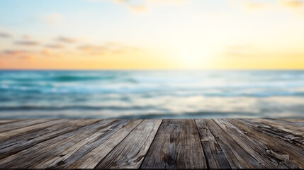 Fototapeta na wymiar Empty wooden table with sea beach background