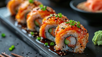 Assorted sushi nigiri and maki big set on slate. A variety of Japanese sushi with tuna and crab.