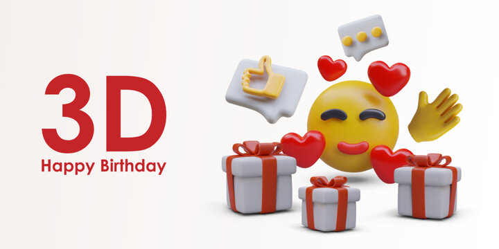 Happy birthday concept. 3D smiling emoticon, gifts, hearts, comments, icons. Greeting letters, wishes, likes. Cute poster with place for text, web template