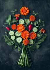 photo of a bouquet shape creation made out vegetables