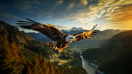 Eagle flying in the sky over mountain view - obrazy, fototapety, plakaty