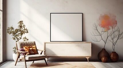 Lounge with a vintage Mockup poster blank frame as part of a mix of eclectic decor
