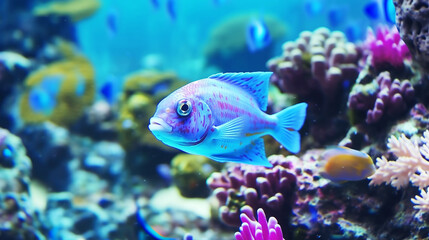 Naklejka na ściany i meble Sea fish in the blue sea with beautiful corals