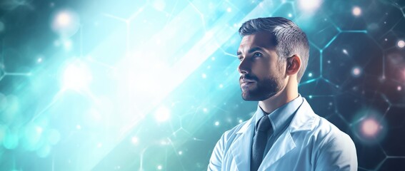 Male doctor healthcare professional on technology dark blue background. Generative AI. - obrazy, fototapety, plakaty