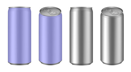 Set of purple and silver tin cans of energy drink, juice or soda. Cocktail or fitness drink. Cold beverages. Can top view	

