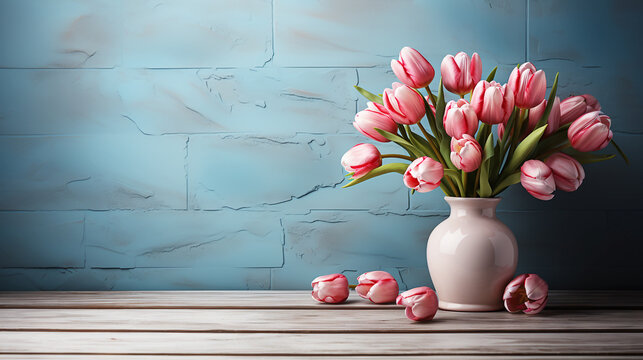 Pink tulips in white vase on wall background