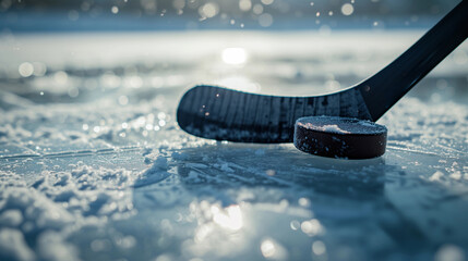 Hockey stick and rubber puck on an icy background with shallow depth of field - obrazy, fototapety, plakaty