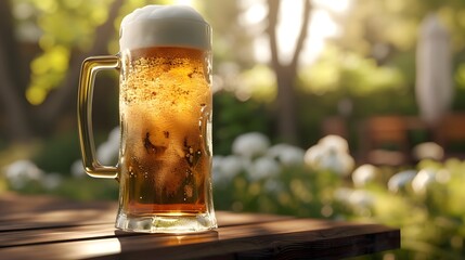 glass of beer on wooden table, a tall and frosty glass of traditional German beer, showcasing a golden hue and a frothy head, served in a beer garden setting - obrazy, fototapety, plakaty