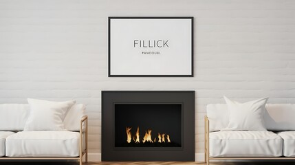 Minimalist living room with a single Mockup poster blank frame above a fireplace