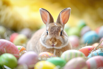 Fototapeta na wymiar An adorable Easter bunny surrounded by colorful eggs