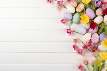 Fototapeta na wymiar soft pastell colored easter eggs surrounded by flowers on a white wooden ground with space for text, easter background, postcard