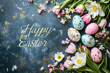 "Happy Easter" quote on dark chalkboard ground surrounded by easter eags and flowers, easter background