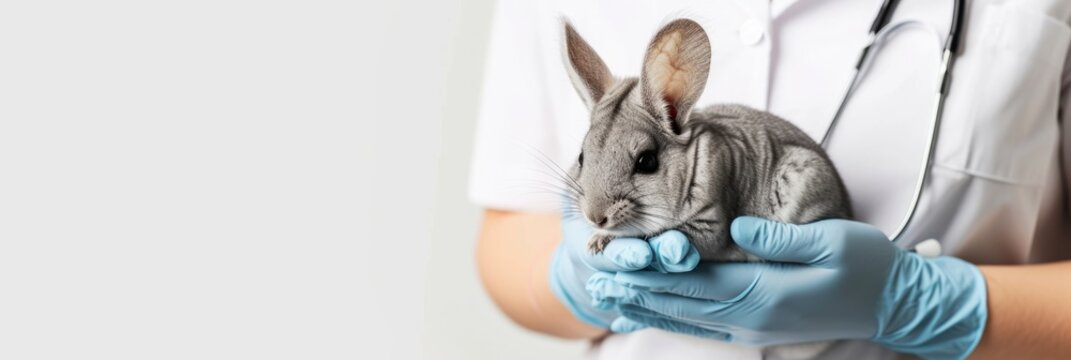 veterinary banner with female veterinarian in gloved holding a Chinchilla in her hands on grey background, hd, copy space