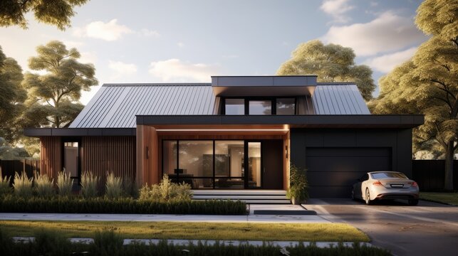 a single-family home with a prominent metal roof, highlighting its modern and durable architectural feature.