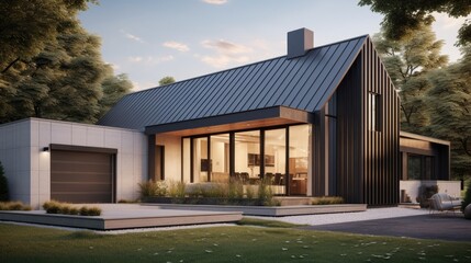 a single-family home with a prominent metal roof, highlighting its modern and durable architectural feature. - obrazy, fototapety, plakaty