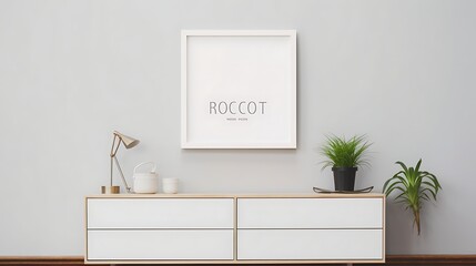 Minimalist Mockup poster blank frame hanging above a floating minimalist console
