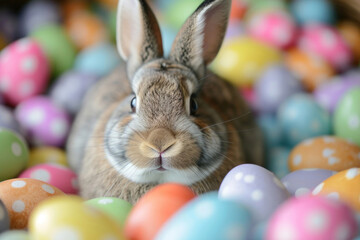Fototapeta na wymiar An adorable Easter bunny surrounded by colorful eggs