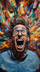 Excited man, shouts, surrounded by colorful burst. Energetic, lively and joyful individual expressing happiness, with vibrant colors symbolizing enthusiasm and vivid energy.
