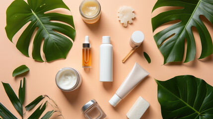 An assortment of skincare products arranged amidst tropical green leaves on a peach-colored background.