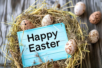 "happy Easter" quote on a sign in a easter nest with easter eggs