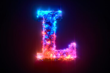 Letter L - colorful glowing outline alphabet symbol on blue lens flare dark background