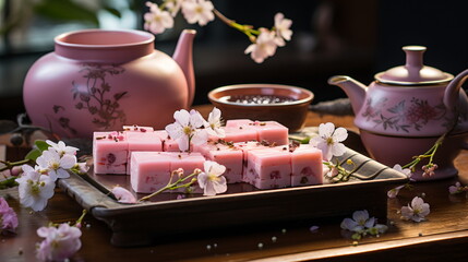Obraz na płótnie Canvas Japanese dessert mochi with matcha green tea powder and cherry, japanese tea ceremony