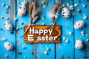 "Happy Easter" quote on a sign surrounded by easter eggs, easter background, postcard