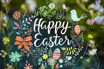 Illustration of a "Happy Easter" quote surrounded by colorful easter eggs and spring flowers, easter background, postcard