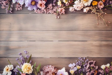 soft colored flowers on a brown wooden ground with space for text, spring background