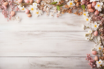 soft colored flowers on a white wooden ground with space for text, spring background