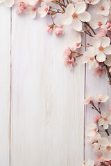 soft colored spring flowers as a border with space for text on white wooden ground, spring background
