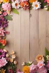 spring flowers as a border with space for text on a brown wooden ground, spring background