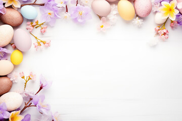 soft pastell colored easter eggs surrounded by flowers on a white ground with space for text,...