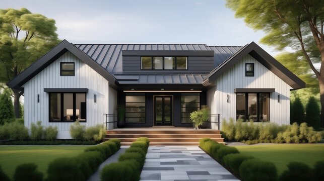 a single-family home with a prominent metal roof, highlighting its modern and durable architectural feature.