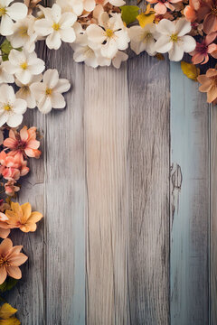 Fototapeta spring flowers as a border with space for text on a brown wooden ground, spring background