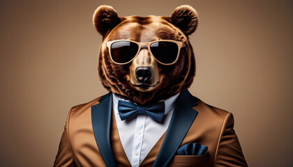 Portrait of grizzly bear in festive suit with bow tie and sun glasses on brown background

