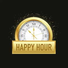 Happy hour golden alarm clock on black background. Art design inscription template. Holiday antique clock with golden confetti. Abstract concept graphic banner element. Vector illustration