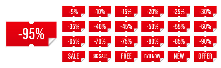 Different percent discount sticker discount price tag set. Sale badges, price sticker. Art design sale special offers template. Concept discount offer price tag, big friday labels. Vector illustration