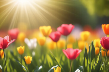 Field of colorful tulips on sunny blur background. Copy place.