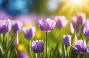 Field of purple and yellow tulips on sunny blur background. Copy place.