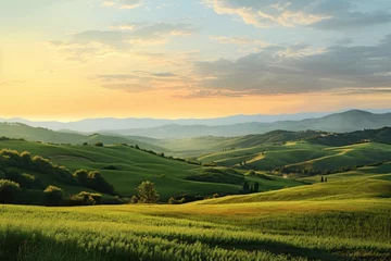 Fotobehang Majestic sunrise in mountain landscape with wide and beautiful green meadows. Generative AI © Penatic Studio