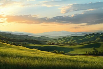 Beautiful landscape mountain hill meadow sunrise. View from the top of the hill. Green fields and trees. Generative AI.