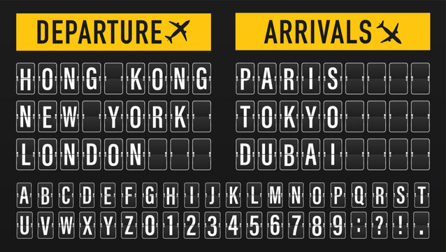 Airport flip board panel with flight info and alphabet. Equipment board message departures and arrivals flight. Flipping departure countdown. Schedule arriving for travel. Vector illustration